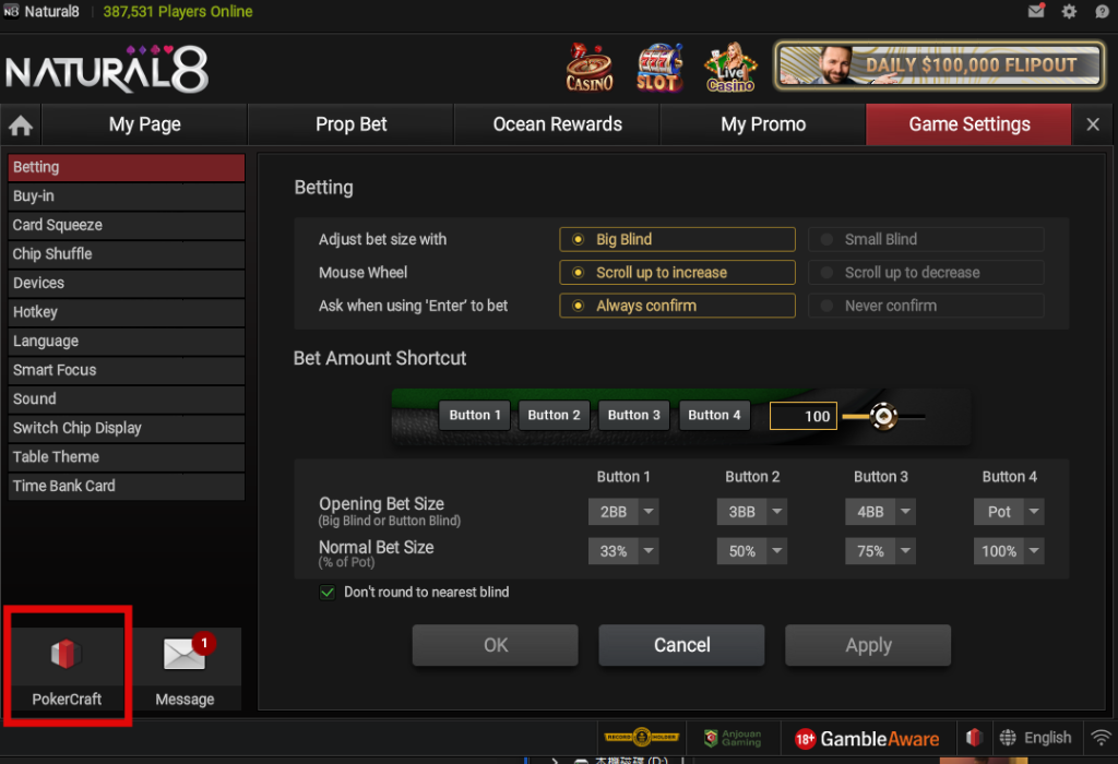 Step 2: Click PokerCraft at the bottom-left of settings
