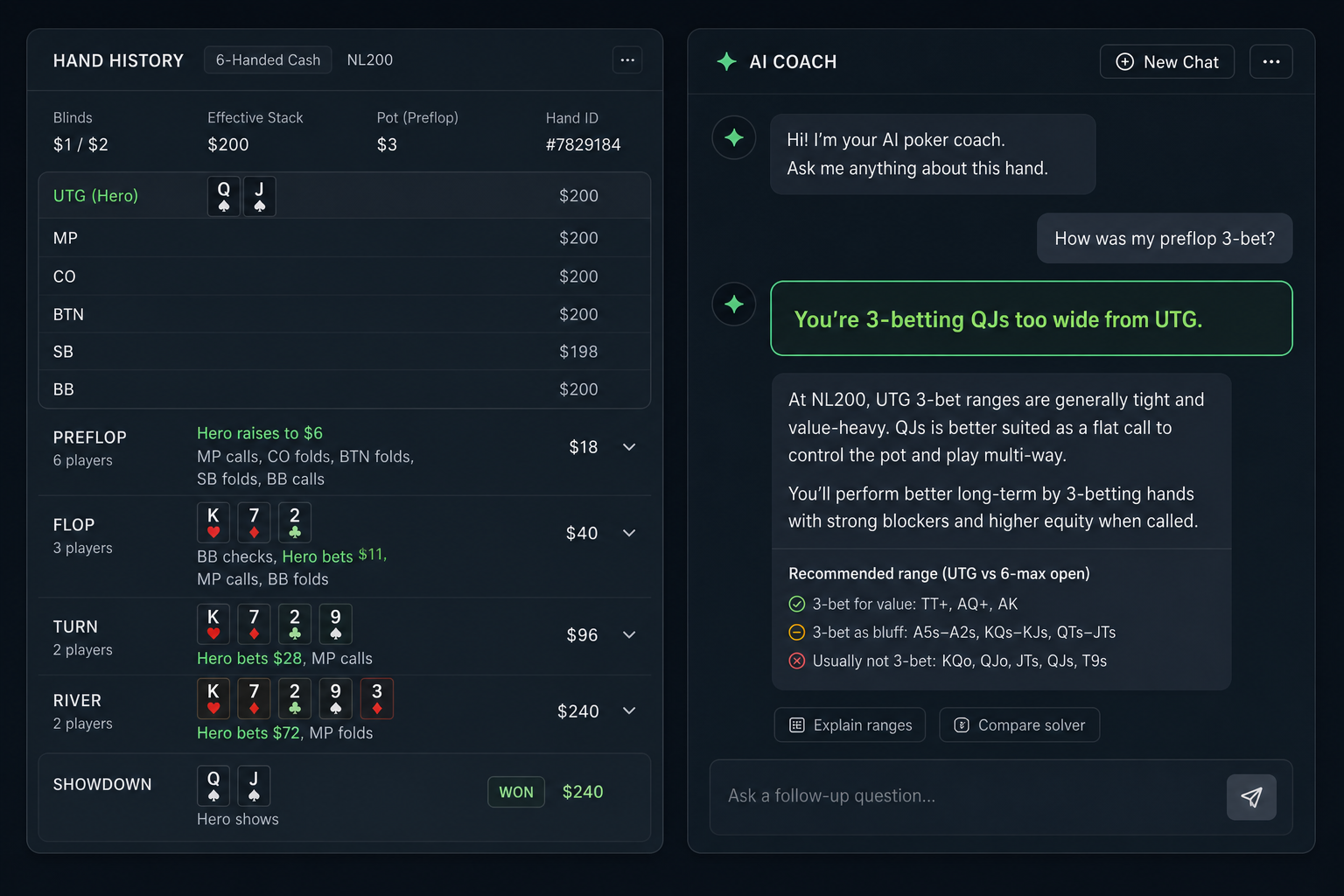 DEEPFOLD AI coach flagging a 3-bet leak in a hand history